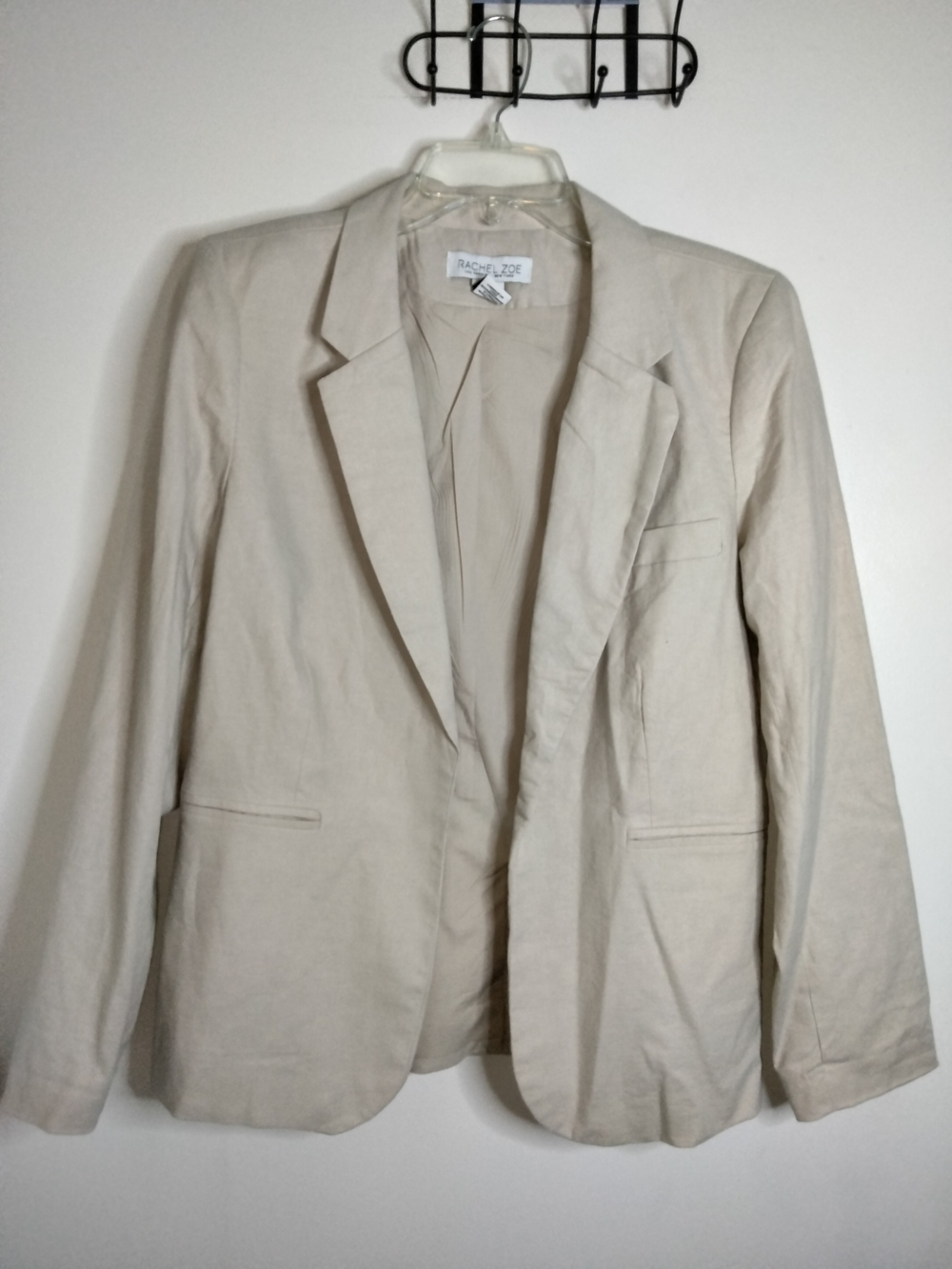 Rachel Zoe (Sz L) Linen Blend Open Front LS Blazer Jacket - Classic Tailored Fit